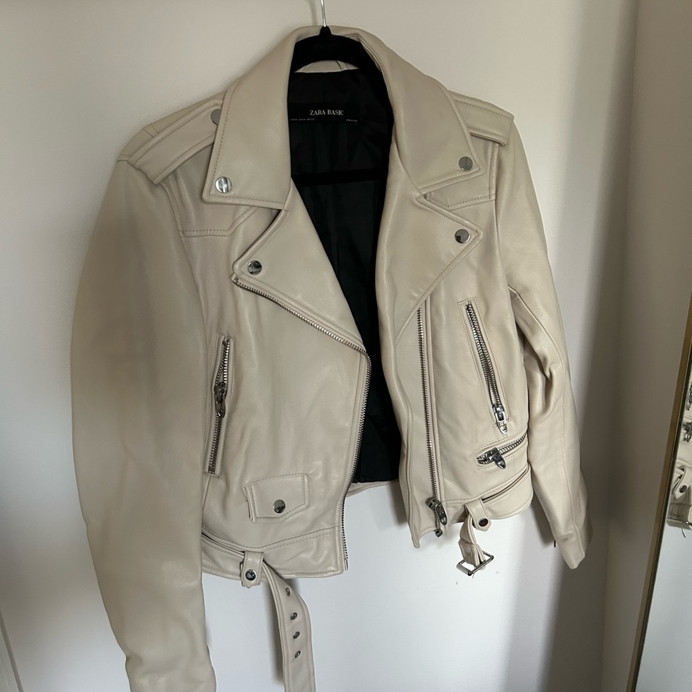 Zara Cream Leather Moto Jacket with Asymmetrical Zipper